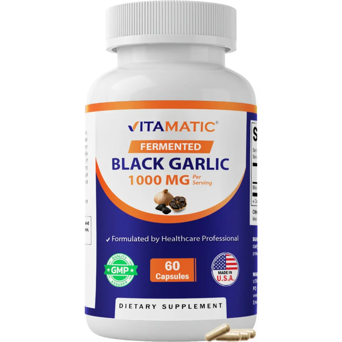 Vitamatic Odorless Fermented Black Garlic Extract Wellness Supplement for Adults, 1000 mg per Serving, 60 Capsules - Non-GMO, Gluten Free