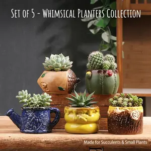 Whimsical Forest Collection: 5-Piece Succulent Pots Set - Enchanting Acorn, Beehive & Watering Can Designs - Unique Hand-Painted Fairy Garden Decor, Perfect Gift for Plant Lovers