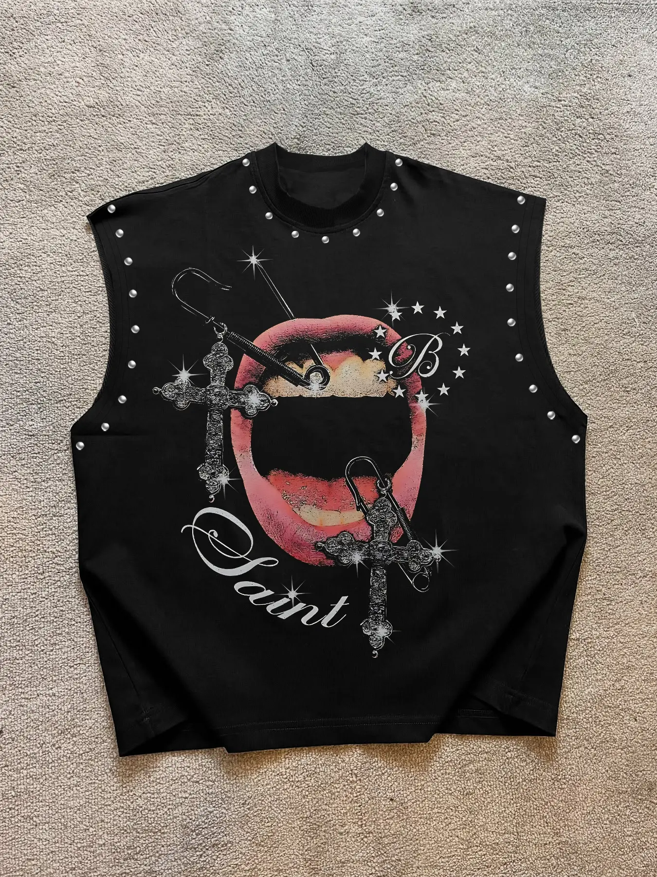 Men's Casual Vest Modern Tank Top Sleeveless Graphic Lip Print, Rhinestone Cross, Metal Hook Element, Comfortable Regular Fit, Fall Streetwear, Trendy Punk Style