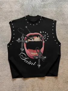 Men's Casual Vest Modern Tank Top Sleeveless Graphic Lip Print, Rhinestone Cross, Metal Hook Element, Comfortable Regular Fit, Fall Streetwear, Trendy Punk Style