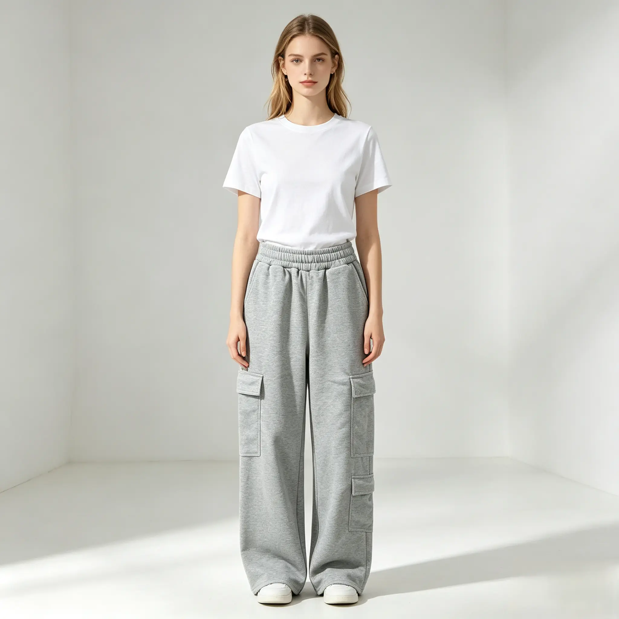 Women's Heather Gray Cargo Sweatpants - Elastic Waist Wide Leg Workout Baggy Trousers, Multi-Pocket Casual Streetwear Joggers, Baggy Sweatpants