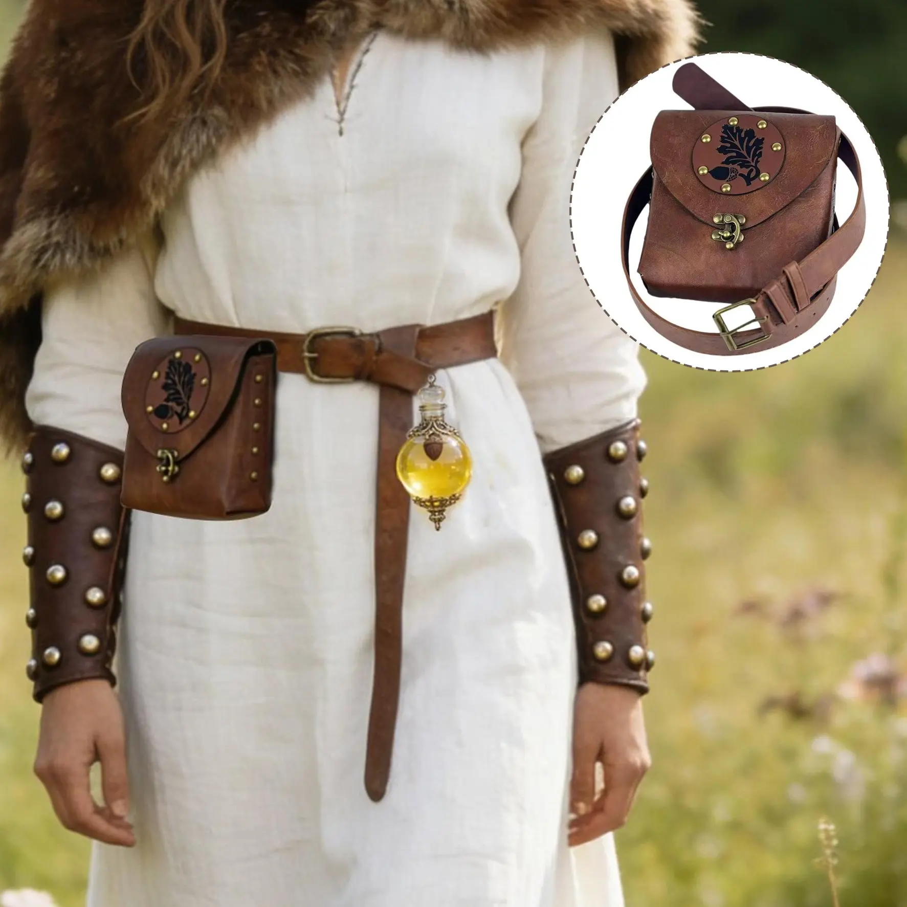 Medieval Women Belt Vintage Faux Leather Chain Pouch Costume Accessory 4PCS Medieval Belt Pouch Leather Arm Bracers for Renaissance  main image 3
