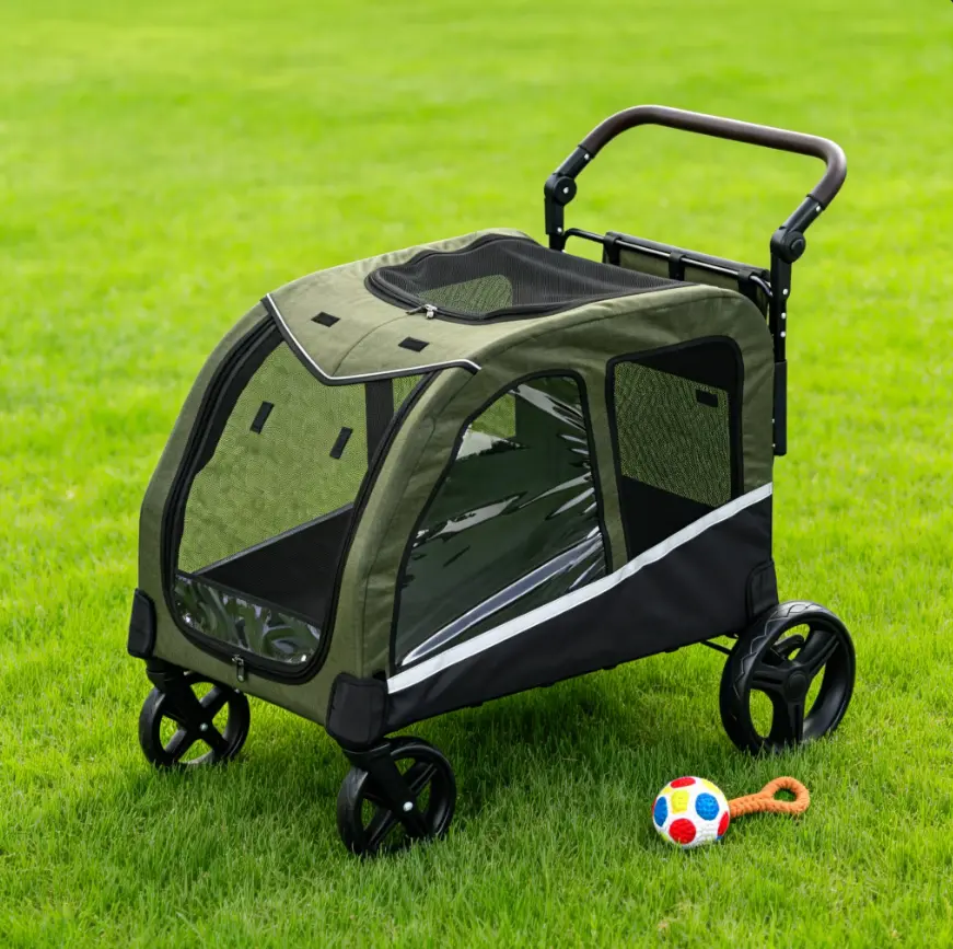 Extra Large Capacity Dog Stroller for Big Dogs Up to 130 lbs - All-Terrain Pet Carrier Wagon with 360° Wheels for Easy Navigation, Adjustable Handle, Reflective Straps for Visibility Boost, Foldable Aluminum Frame, Breathable Mesh, Storage Pocket