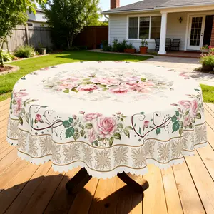 BLIOWL Elegant Rose Flower Tablecloth - European Country Style,Pink Rose And Green Leaf Design,Round/Rectangular Tablecloth,Suitable For Indoor And Outdoor Dining,Wedding And Festival Home Decoration | Romantic Table Arrangement | Exquisite Details