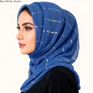 Royal Blue Chiffon Hijab with Sparkling Silver Sequins - Premium Plisse Headscarf, Elegant Muslim Women Shawl for Wedding, Evening Party & Festive Celebration