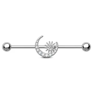 14G Sun-Moon Motif Industrial Barbell Body Jewelry, CZ Crystal Accents, Contemporary Style, for Body Piercings, Balance and Harmony