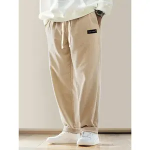 Beige Corduroy Pants - 1pc Loose-Fit Straight Trousers with Corduroy Waist (No Belt) & Letter Patch Pockets | Casual Solid Color, Hand Washable Non-Stretch, Daily Wear (Stock Available)