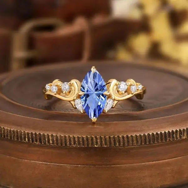 Cornflower Sapphire Bridal Ring Set, Floral Art Deco Design
