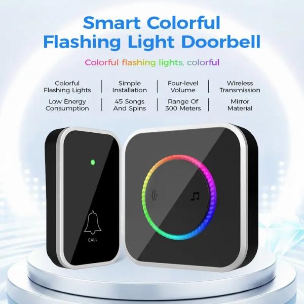 doorbell chimes, Wireless Doorbell, Easy installation, Waterproof, Adjustable Volume, 45 Chimes, Colorful LED, 1000Ft Range, M488-BS, Black IP44 (1 receiver 1 button)