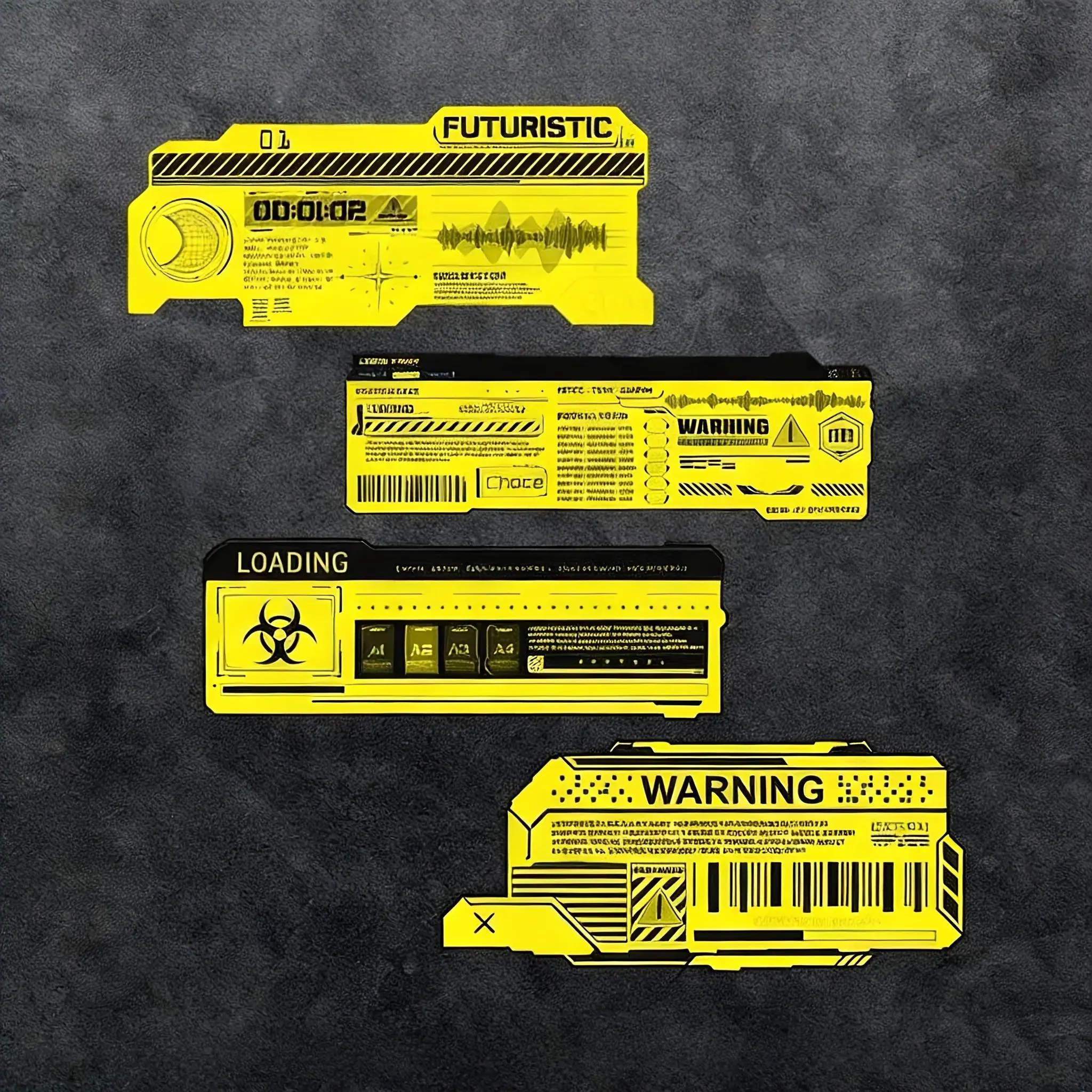 4-Piece Cyberpunk Mechanical English Warning Car Sticker - JDM style design, yellow reflective scratch decal, DIY cool car