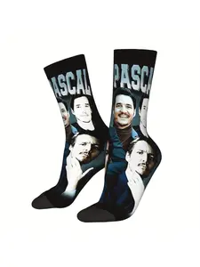BIIHUDU Men's Pedro Pascal Face Print Socks - Full-Body Black & White Pop Culture Design with Pascal Name & Photo - Funny Novelty Gift for Fans