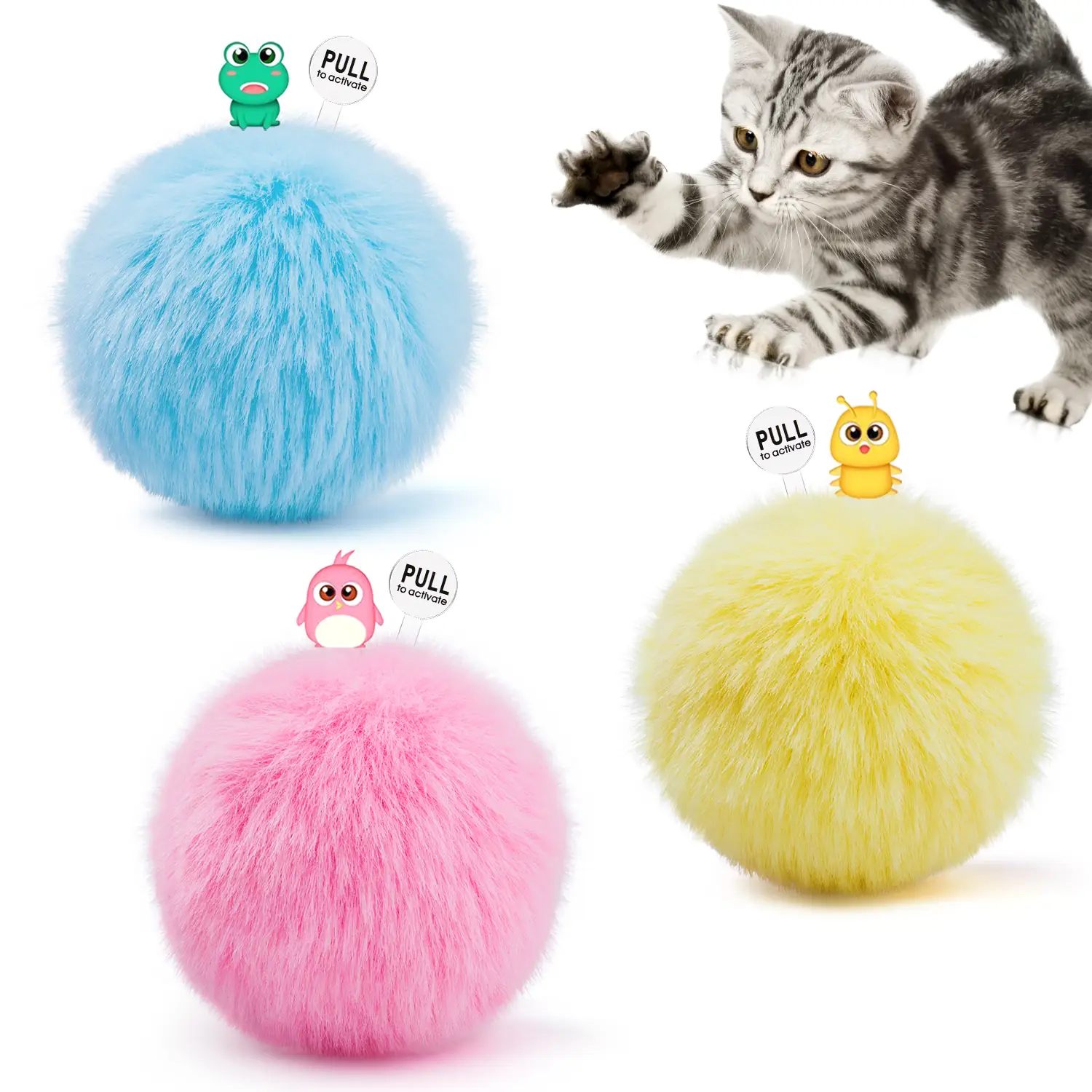 Potaroma Chirping Cat Toys Balls with SilverVine, Upgraded, 3 Pack Fluffy Interactive Cat Kicker, 3 Lifelike Animal Sounds, Kitty Kitten Exercise Toys