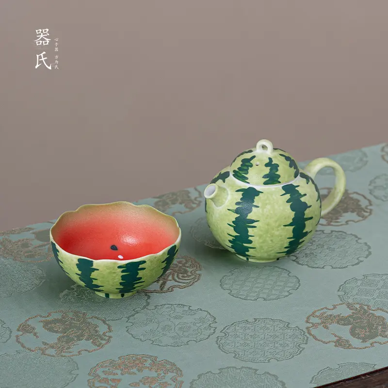 Hand-Painted Watermelon Teacup from Jingdezhen, Underglaze Color Ceramic 85ml Elegant Single Tea Cup for Home Use