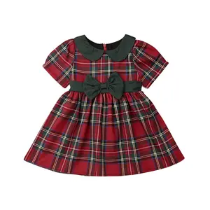 Toddler Baby Girls Christmas Plaid Dress Short Sleeve Red Tartan Dress Cute Bowknot Princess Party Dresses
