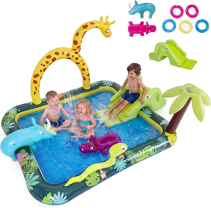 Inflatable Kiddie Pool with Slide & Sprinkler Jungle Adventure Splash Pad for Kids Outdoor Toddler Swimming Pool Blow Up Water Play Center with Animal Toys for Backyard Garden & Patio