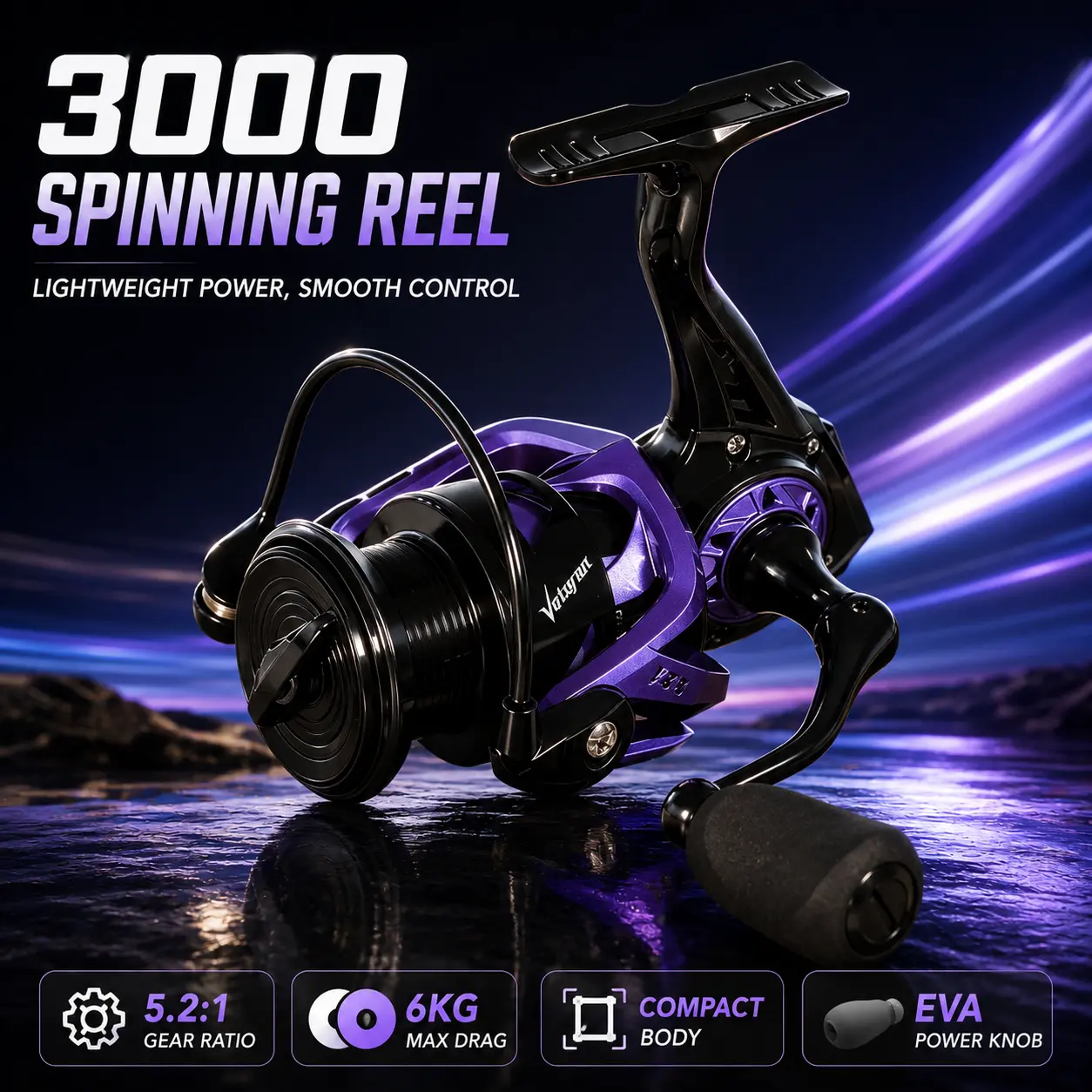 TRONMER Black Purple Spinning Fishing Reel - 5.2:1 Gear Ratio, 6KG Max Drag, Saltwater Spinning Reel, Freshwater & Saltwater Fishing Gear, Fishing Reels Spinning