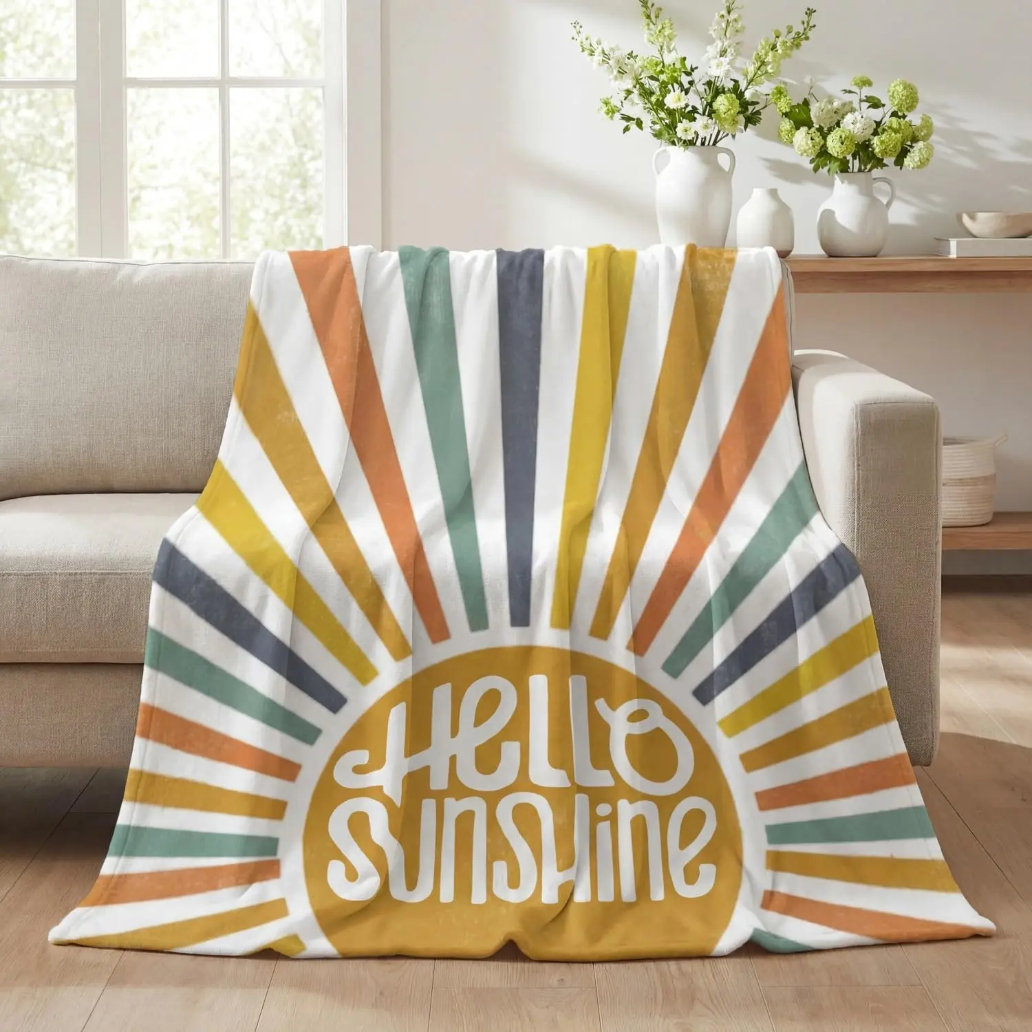 Hello Sunshine Sunburst Summer Throw Blanket,Boho Multicolor Sun Rays Lightweight Air Conditioning Blanket,Soft Cozy Blanket for Bed,Couch & Outdoor Picnics,Summervibes