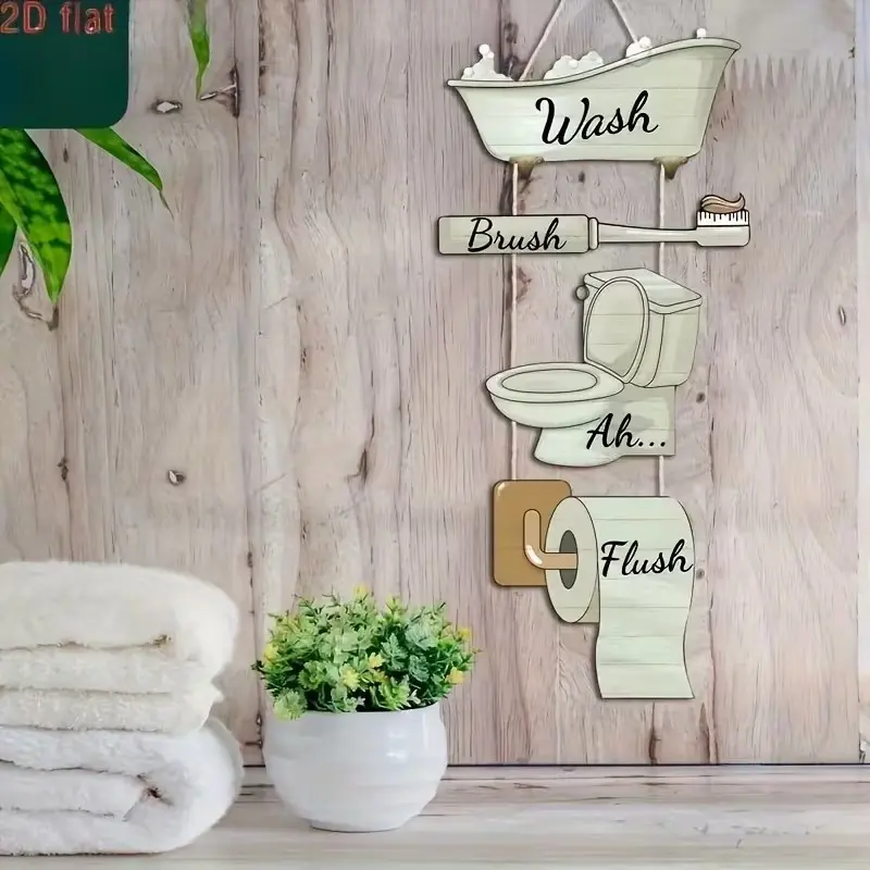 Charming Wooden Bathroom Sign Set, Humorous Wall Hanging Toilet Decor, Perfect for Home and Farmhouse Decoration, 2D Flat Design, Modern Farmhouse Sign