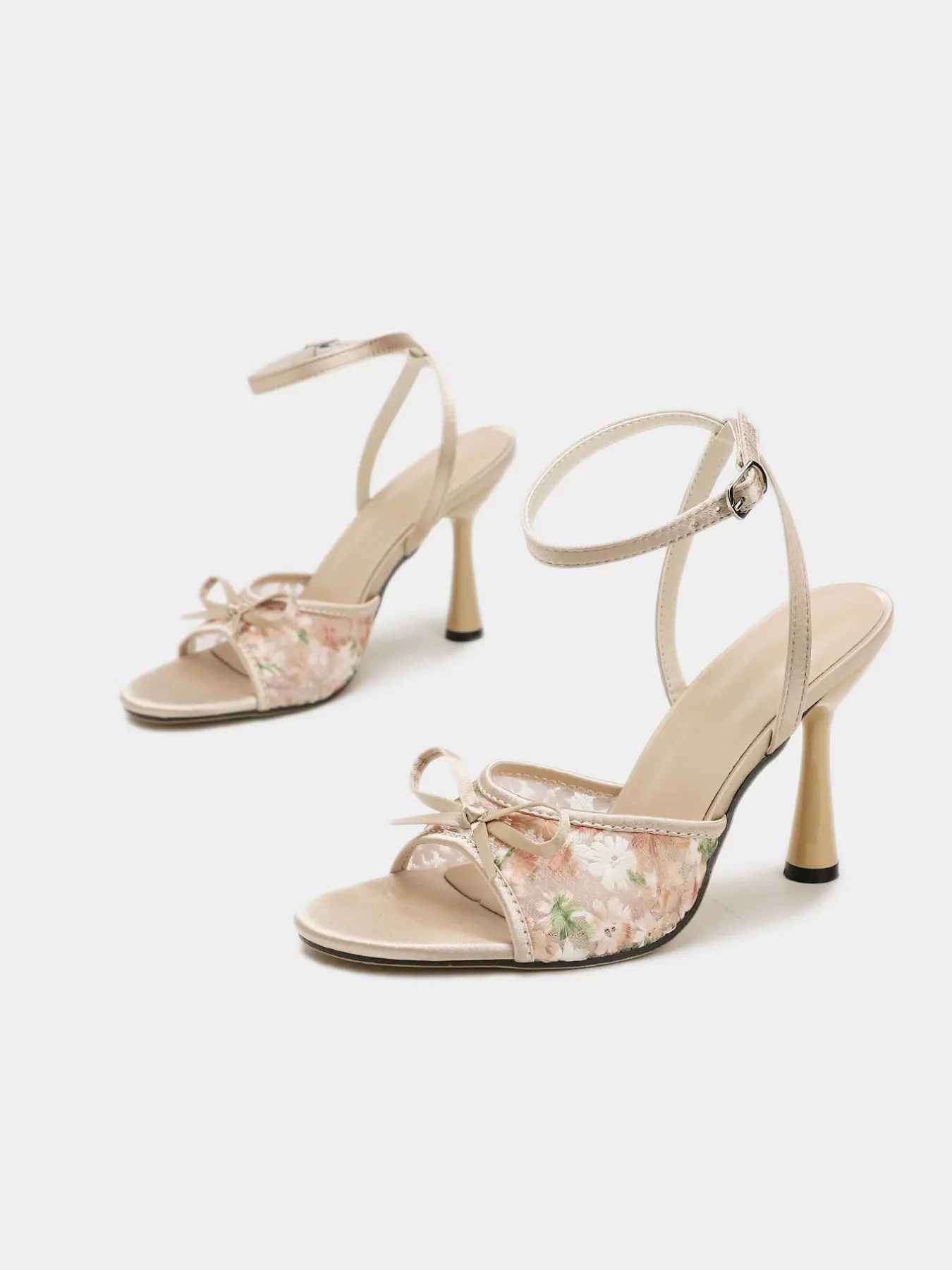Women's Ankle Strap High Heel Sandals, Fashionable Sandals, Nude Beige Satin Floral Embroidered Mesh Open Toe Flared Mid Heel, Comfortable Non-Slip Adjustable Buckle Bow Decor Shoes for Spring Summer Daily Date Party Wedding, EU Size 37-43