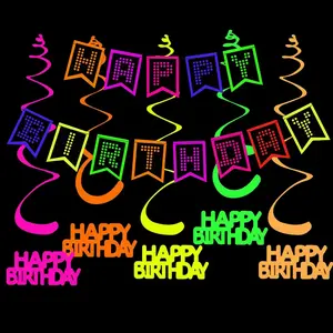 Neon Birthday Party Decorations, UV Neon Happy Birthday Banner, Black Light UV Hanging Swirl, Glow In The Dark Party Decoration For Birthday, Disco Theme Parties, Bars & Home