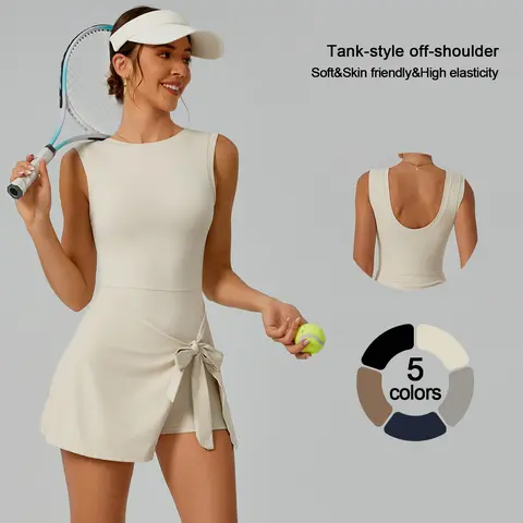 TIMEOFF Women's Tight-Fitted Off-Shoulder U-Back Workout Dress - Active Sports Sleeveless Dress, Side-Tie, Built-In Shorts, High-Stretch Skin-Friendly Plain Fabric, Ideal for Tennis, Hiking