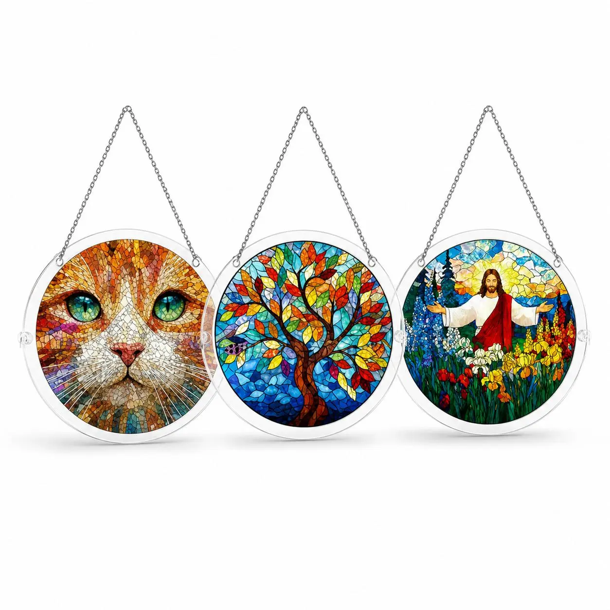Stained Glass Style Round Acrylic Window Hanging Suncatcher with Chain, Cat-Jesus Designs Home Decor, Patio Holiday Gift