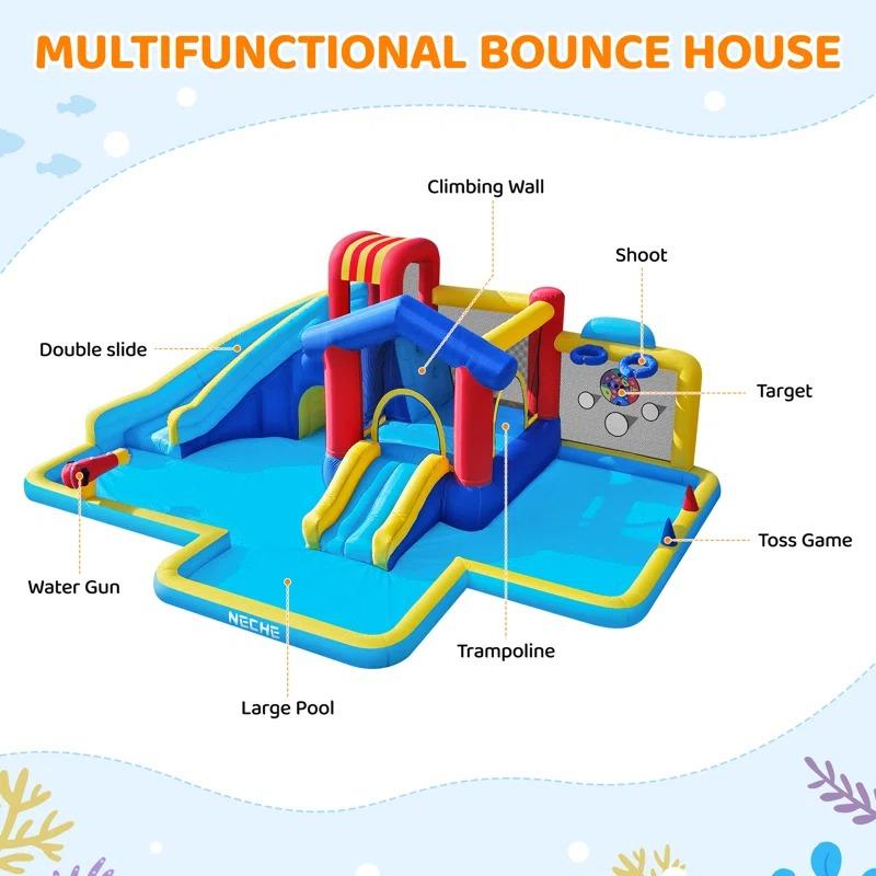 【Beautyhackher Exclusive】Inflatable Water Slide, Water Park for Big Kids,with Blower, Slides, Climbing Walls, Water Guns, and Deep Splash Pool, Indoor and outdoor, Summer Gifts