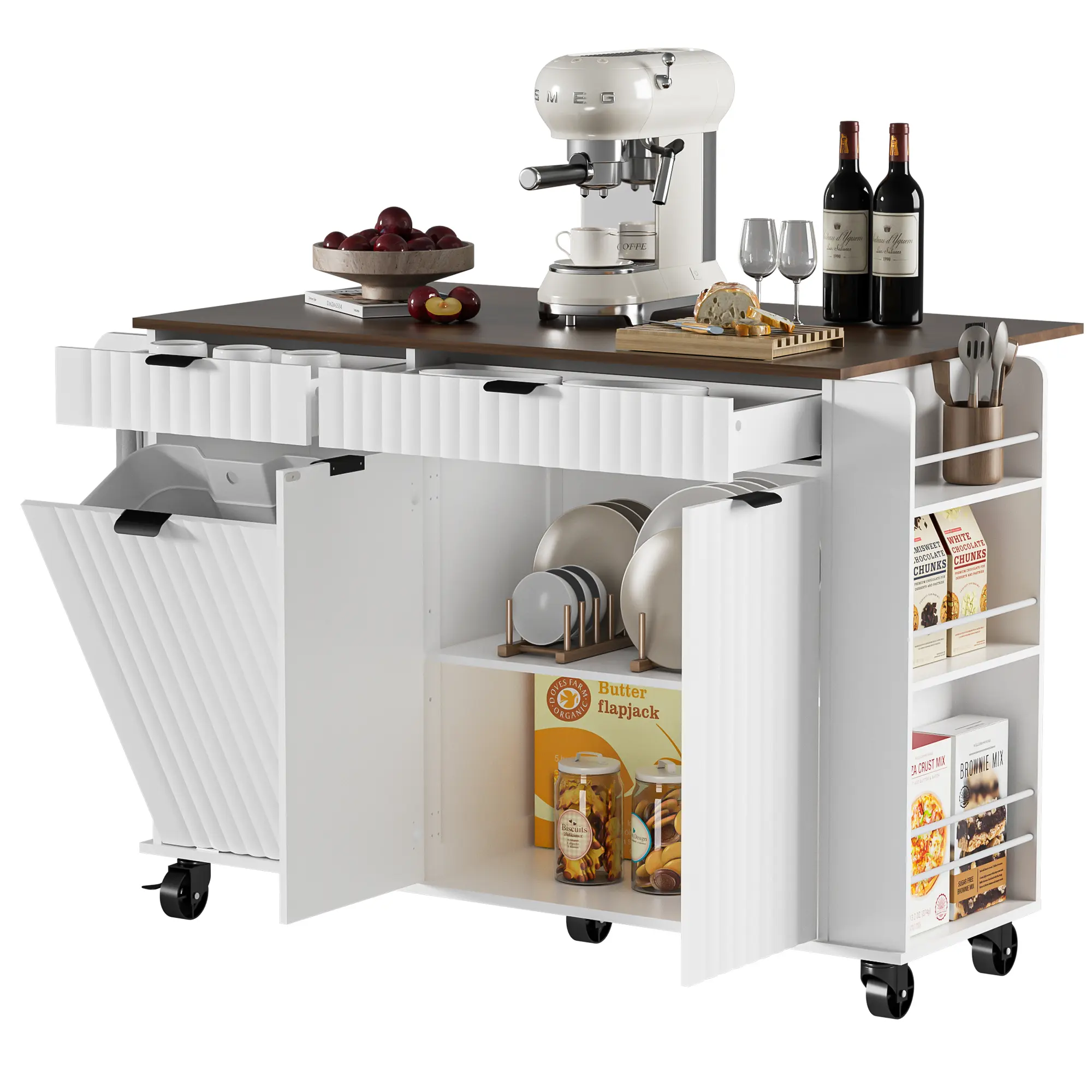 AHB Kitchen Island with Hidden Trash Storage and Drop-Leaf Countertop, 47" Rolling Kitchen Cart with Wavy Door, Spice Rack, Drawers and Locking Wheels, Mobile Island Table for Small Kitchen, Drop-Leaf Counter homeessentials