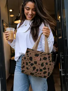 Leopard Print Corduroy Tote Bag for Women Large Capacity Lunch Handbag with Side Pockets Casual Shoulder Carry Bag for Work School Picnic Shopping Travel Daily Use Cute Christmas Halloween Birthday Gift for Mom Wife Girlfriend Fashion Purse