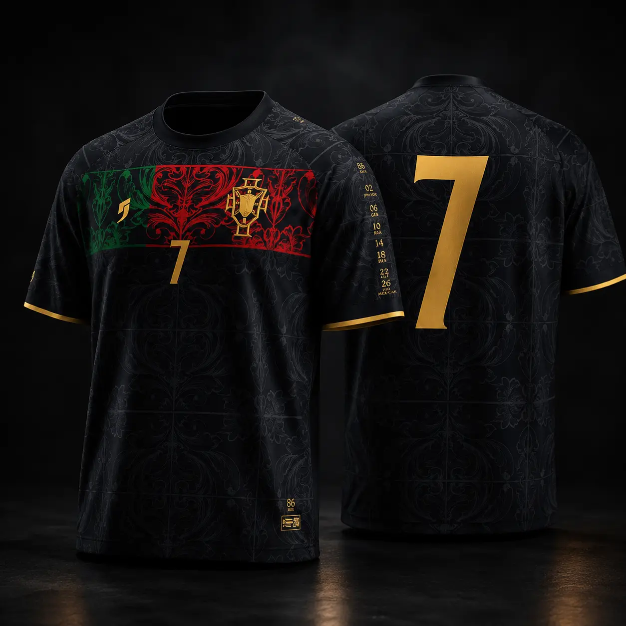 Portugal-Inspired Black Soccer Jersey Style Shirt, Number 7 Front Back Fan Top, Heritage Sleeve Detail Athletic Streetwear Jersey
