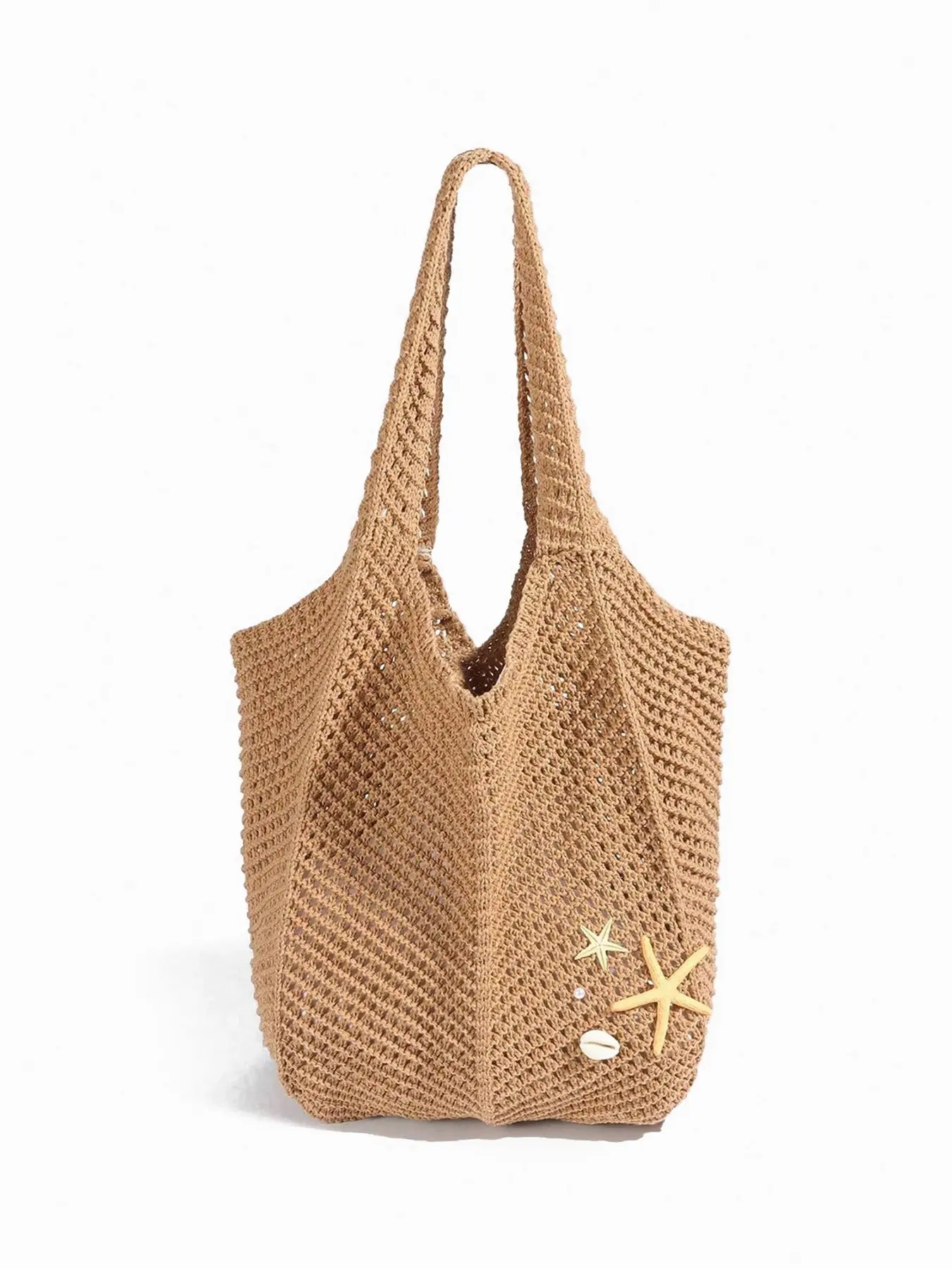 Vacation style relaxed and fashionable retro hollow tote bag, decorated with starfish shells, wide shoulder straps, large capacity design, sweet and casual style, suitable for beach and gentle dressing, Open Beach Bag, Trendy Versatile Bag, Beach Purse