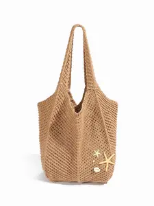 Vacation style practical texture hollow hook woven tote bag, starfish shell decoration design, lazy style large capacity retro simple shoulder bag, seaside travel, Summer Bags