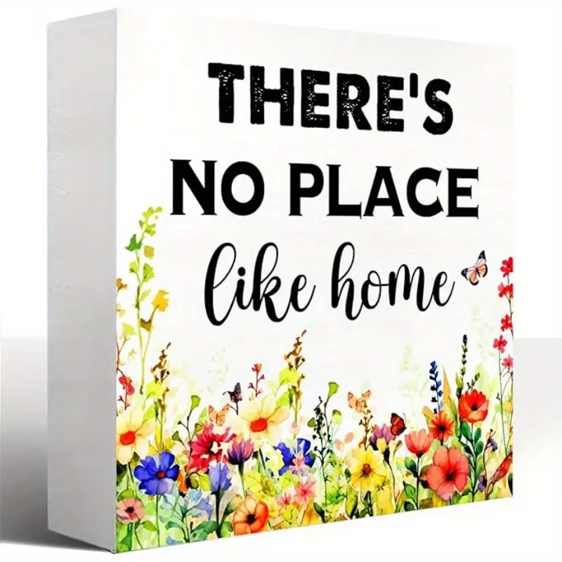 Rustic Spring Wood Block Signs, There's No Place Like Home Wooden Box Sign for Home Shelf Bedroom Tabletop Desk Decor, Farmhouse Sign Decor 5x5 inch