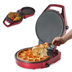 Commercial Chef Countertop Pizza Maker & Indoor Electric Grill, Bake Up To 11” Pizza, Opens Full for Use As a Grill, Independent Temperature Controls, 1500 Watts, PFOA and BPA-Free, CHPG12R, Red