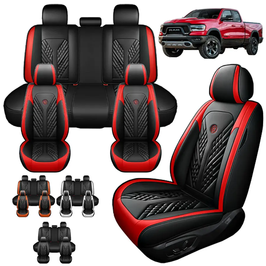 Custom Fit Red and Black Leatherette Full Set Car Seat Covers for 2009-2023 Dodge Ram Pickup Trucks, Durable PU Leather Upholstery, Easy Install, Seat Protection, Sporty Look, Instant Truck Refresh, Car Seat Protectors, Ram Seat Cushions