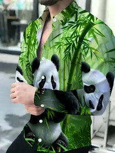 Men's Chinese Style Fun Style Long Sleeve Collared Green Base Panda Bamboo Forest Shirt