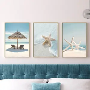 3pcs/set Frameless Blue Beach Starfish Landscape Painting, Living Room Decor, Home Decoration, Amazing Travel Scenery Poster