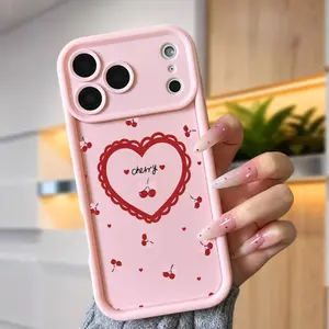 Cherry Heart Phone Case for iPhone 17 Air 15 16 16e 14 13 12 11 Pro Max Plus X XS Precision Fit Anti-Scratch Shockproof TPU Bumper Drop-proof Cover with Non-Slip Texture