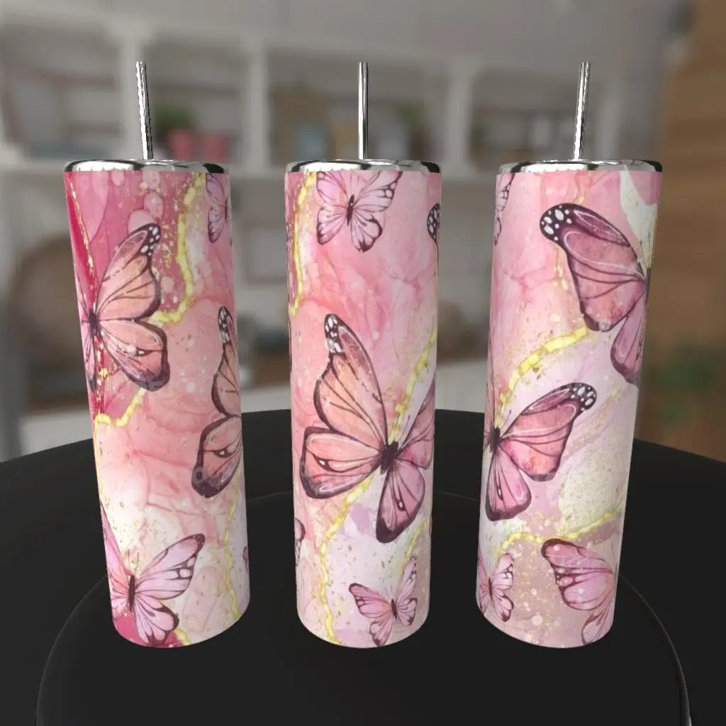 Pink Marble Butterflies 20oz Skinny Tumbler