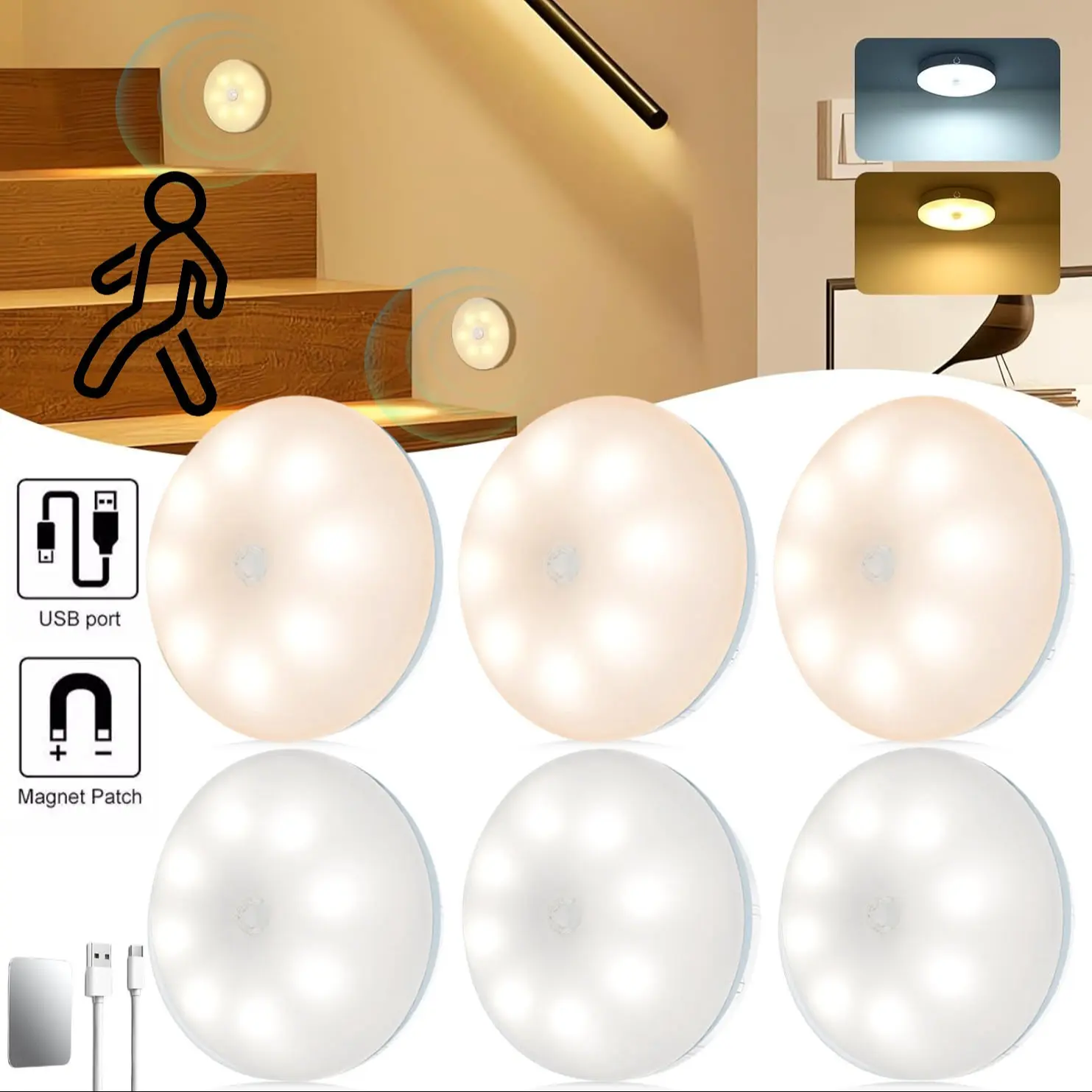 3-Piece USB Rechargeable Illuminated LED Nightlight Set with Motion Sensor, LED Staircase Lights for Stairs, Hallway, Walls, Ideal for Home Security, Home Decor Light