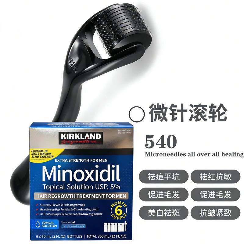 Kirkland Minoxidil 5% Extra Strength 1 to 6 MonthsSupplyWith DermaRoller 0.5MM Men's Hair Growth SerumHairCareDaily Pack Frizz Comfort