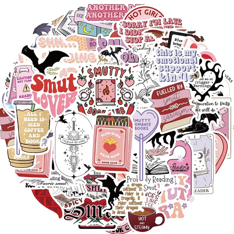 Smutty Book Sticker, 52pcs/set Romance Bookish Smut Reading Booktok Dark Romance Case Journal Water Bottle Sticker, Funny Aesthetic Pink Laptop Phone Decal, Aesthetic Stickers