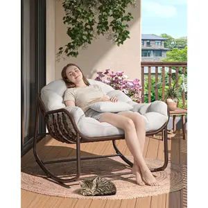 Oversized Papasan Rocking Egg Chair for Patio – Outdoor Wicker Rattan Lounge Chair with Water-Resistant Cushion – Heavy Duty Metal Frame, 450lbs Capacity – Ideal for Porch, Balcony, Garden, Bedroom, Living Room