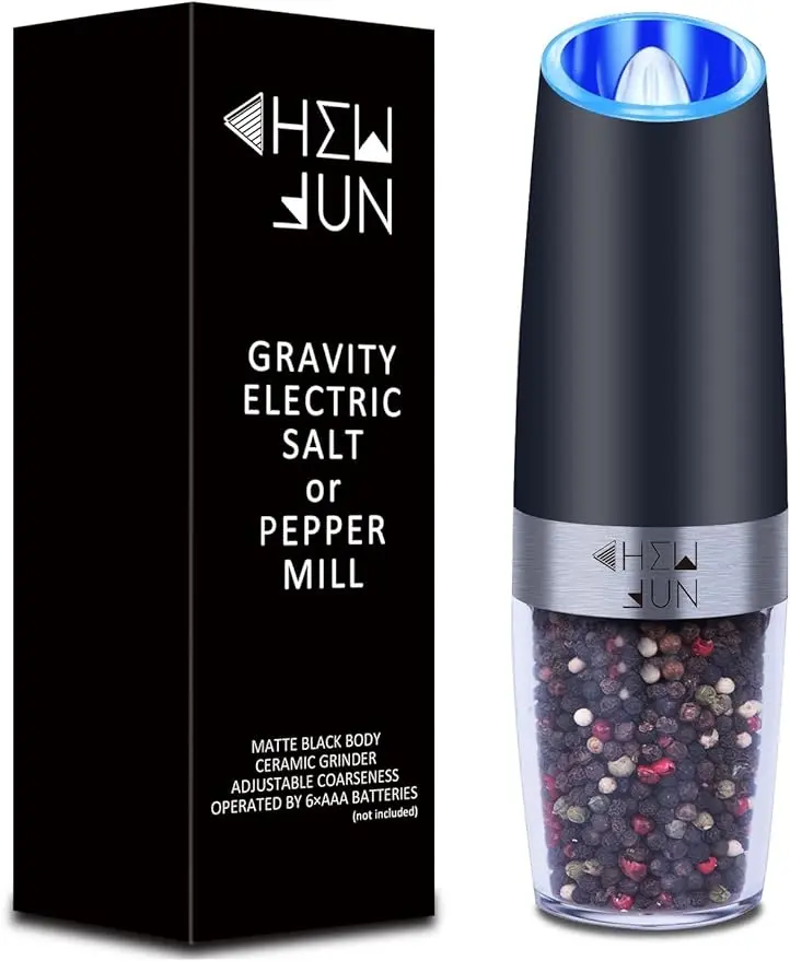 STT Gravity Salt and Pepper Grinder with Adjustable Coarseness Automatic Pepper and Salt Mill Battery Powered with Blue LED Light,One Hand Operated