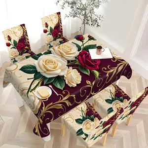 2/4/6/5/7 pieces of fashionable and high-end chair cover and tablecloth sets, thickened chair cover and tablecloth sets (1 tablecloth + 4 chair covers or 1 tablecloth + 6 chair covers), easy to care for, reusable, for home decoration