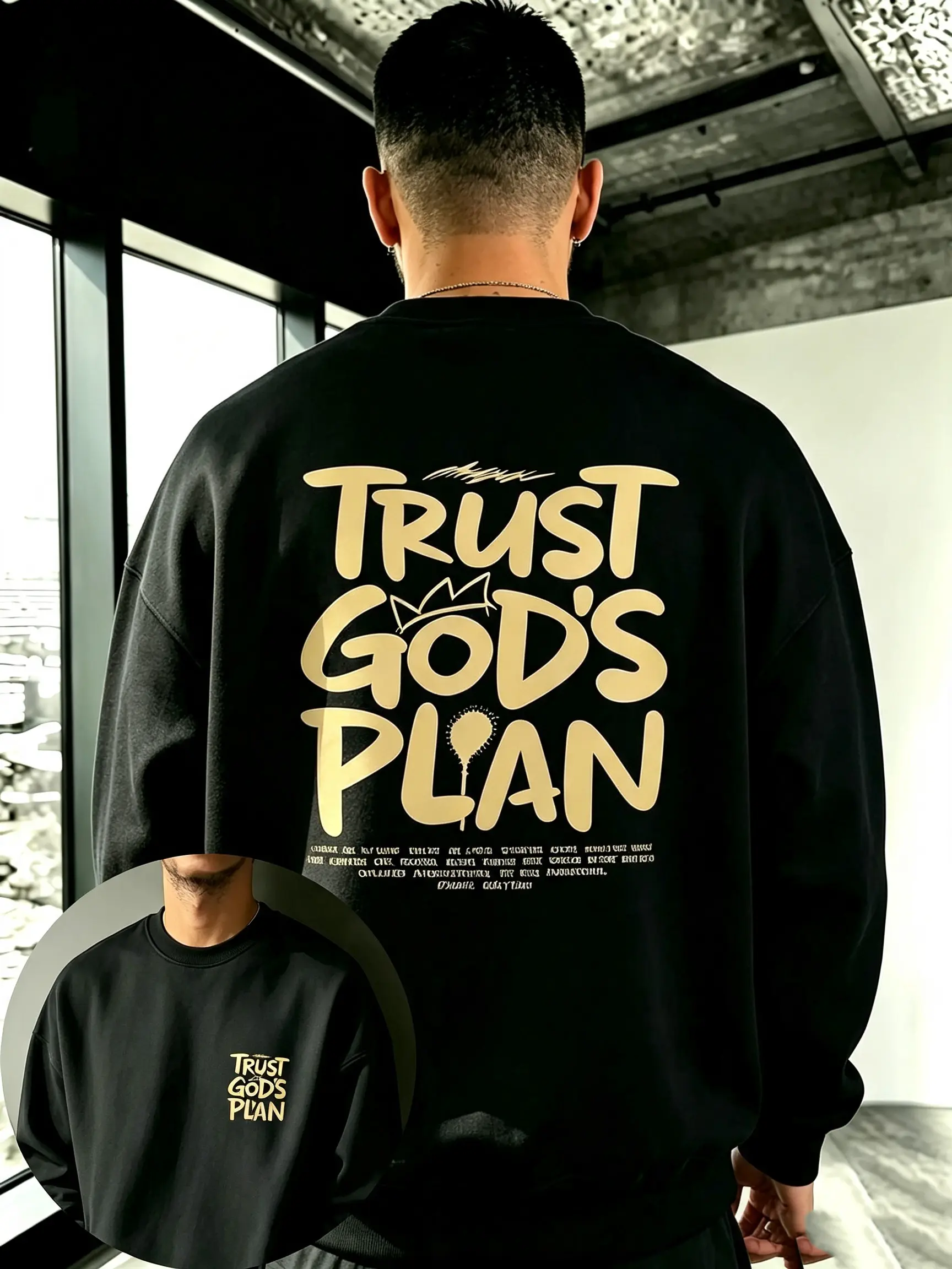 Unisex Christian Graphic Crewneck Sweatshirt - "Trust God's Plan" Long Sleeve Shirt, Double-Sided Print, Gold Lettering, Crown Design, Oversized Loose Fit, Black Basic Christian Streetwear