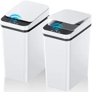 2 Pack 2.2 Gallon Automatic Touchless Garbage Can, Small Motion Sensor Smart Trash Can, Slim Waterproof Trash Bin for Bedroom, Bathroom, Office, Living Room, White