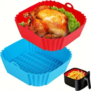 2 PCS Square Silicone Air Fryer Liners - 8 Inch Reusable Air Fryer Pot - Air Fryer Accessories - Air Fryer Inserts for 4 to 7 QT Oven Microwave Accessories (Red + Blue)
