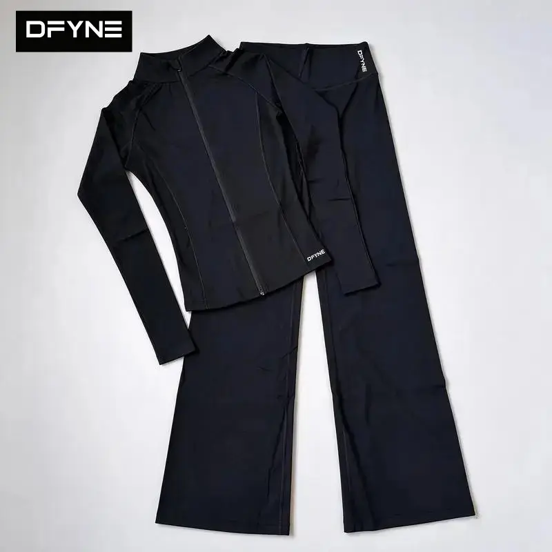 DFYNE Women's Seamless 2 Piece Workout Set, Zip Up Stand Collar Jacket & High Waisted Flare Pants, Matching Sculpting Activewear Outfit for Gym, Pilates, Yoga, Fitness Training, Running and Everyday Athleisure