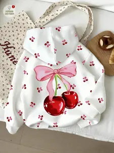 Women's Hooded Zipper Sweatshirt Jacket, Cute Cherry Print, Front Zip Design, Casual Long Sleeve Outerwear